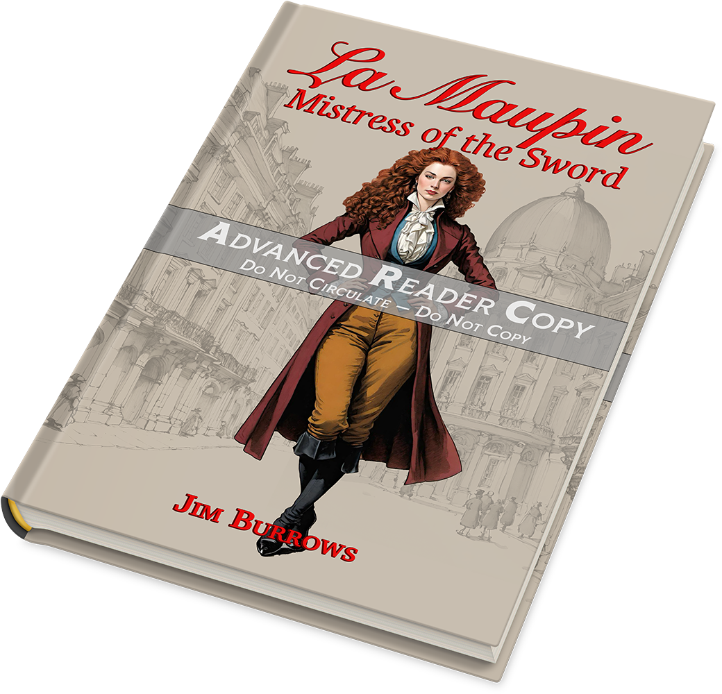 Temporary cover mock-up for the upcoming novel, created using AI tools – a woman in 17th-century dress with a sword
